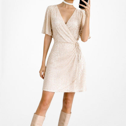 Zara Off White Cream Ruffle Short Sleeve Wrap Flared Sequin Mini Dress Size L