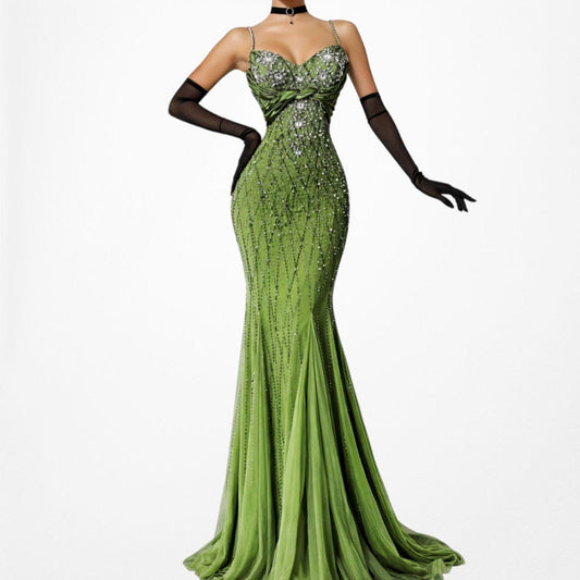 Vintage Green Flared Floral Beaded Mesh Bodycon Maxi Prom Dress Size S