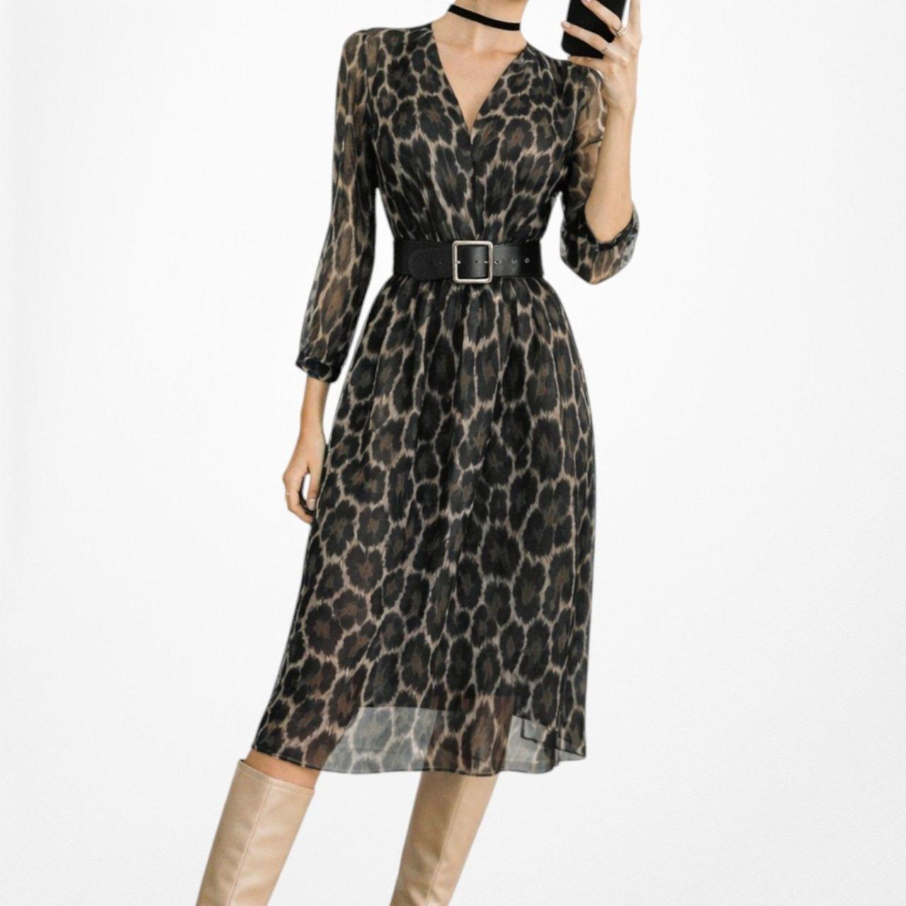 Anne Klein Brown Animal Leopard Print Long Sleeve Knee Length Shift Dress Size M