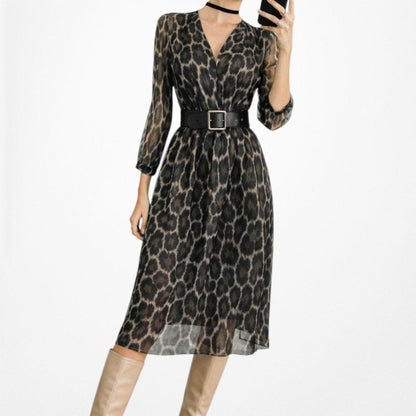 Anne Klein Brown Animal Leopard Print Long Sleeve Knee Length Shift Dress Size M