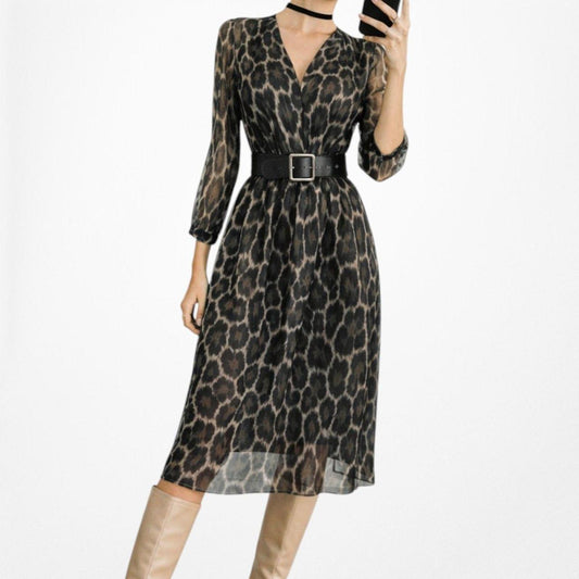 Anne Klein Brown Animal Leopard Print Long Sleeve Knee Length Shift Dress Size M
