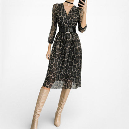 Anne Klein Brown Animal Leopard Print Long Sleeve Knee Length Shift Dress Size M