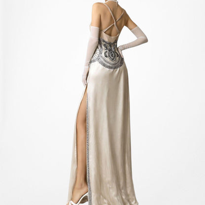 Vintage Ivory Beige Silk Beaded Bodycon Side Slit Maxi Prom Dress Size S/M