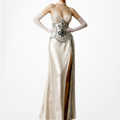 Vintage Ivory Beige Silk Beaded Bodycon Side Slit Maxi Prom Dress Size S/M