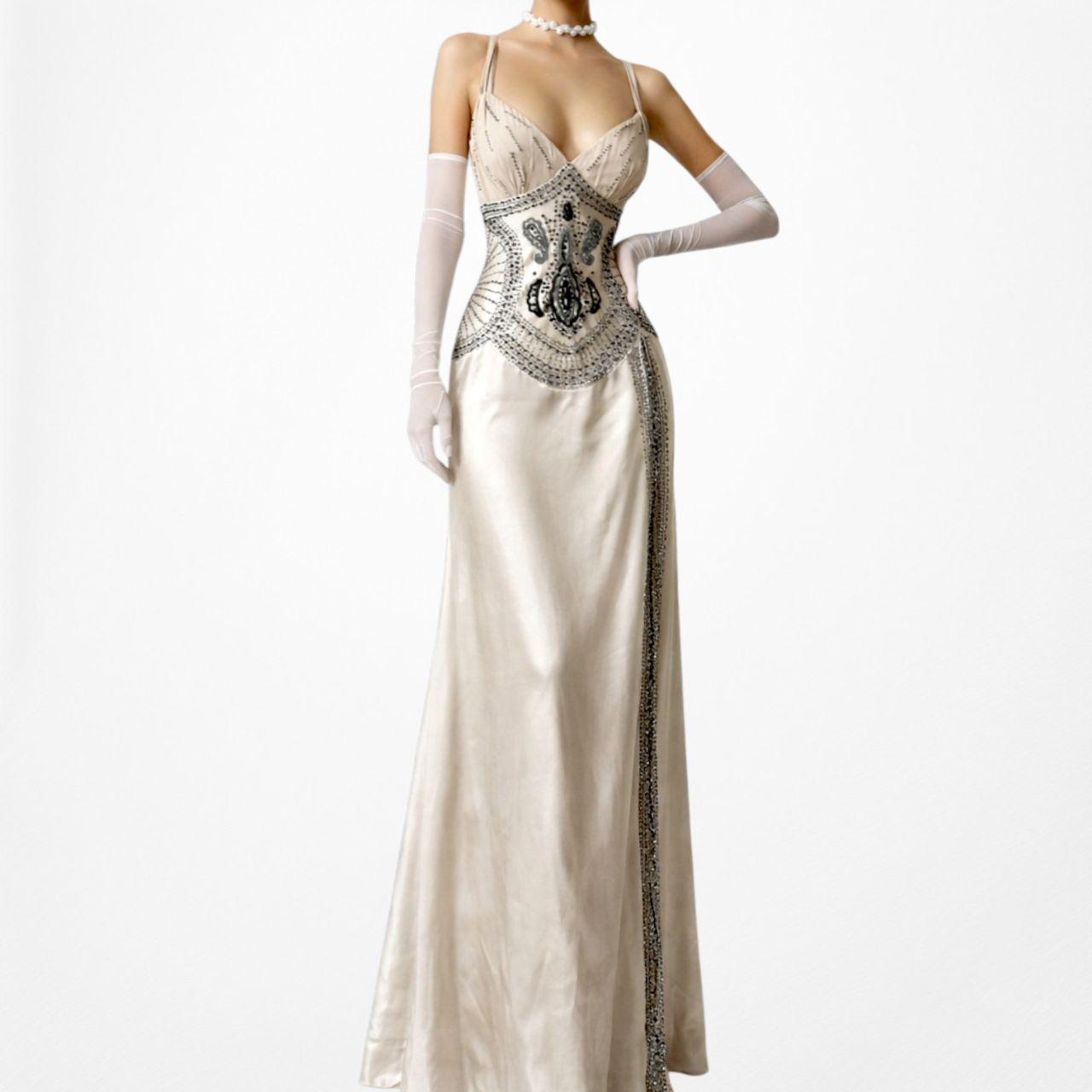 Vintage Ivory Beige Silk Beaded Bodycon Side Slit Maxi Prom Dress Size S/M