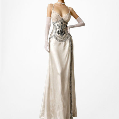 Vintage Ivory Beige Silk Beaded Bodycon Side Slit Maxi Prom Dress Size S/M