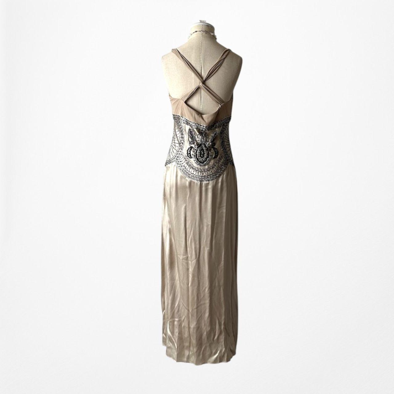 Vintage Ivory Beige Silk Beaded Bodycon Side Slit Maxi Prom Dress Size S/M