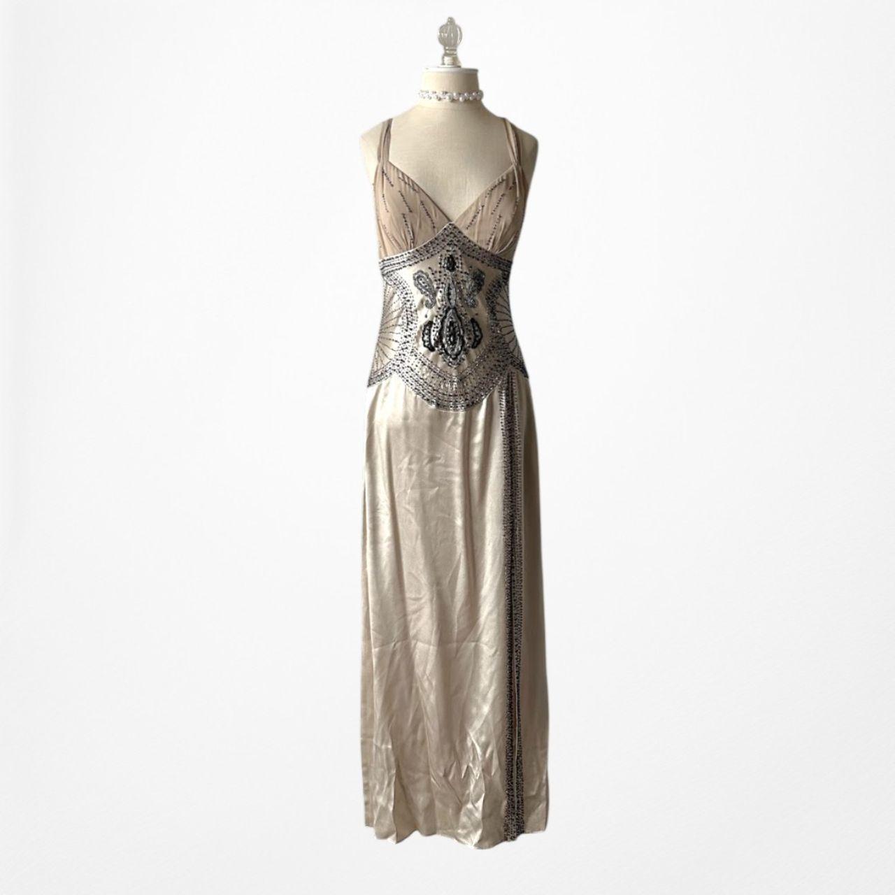 Vintage Ivory Beige Silk Beaded Bodycon Side Slit Maxi Prom Dress Size S/M