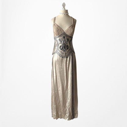 Vintage Ivory Beige Silk Beaded Bodycon Side Slit Maxi Prom Dress Size S/M