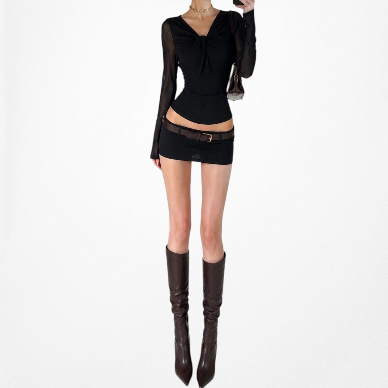 Vintage Y2K Black Knit Pullover Long Sheer Sleeve Twisted Front Fitted Top M