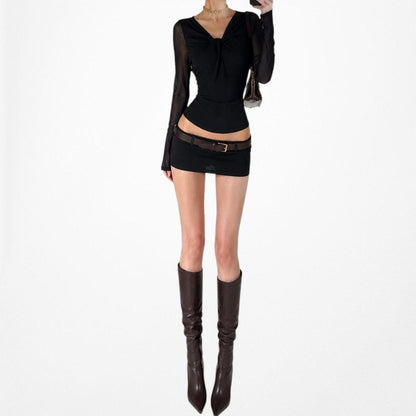 Vintage Y2K Black Knit Pullover Long Sheer Sleeve Twisted Front Fitted Top M