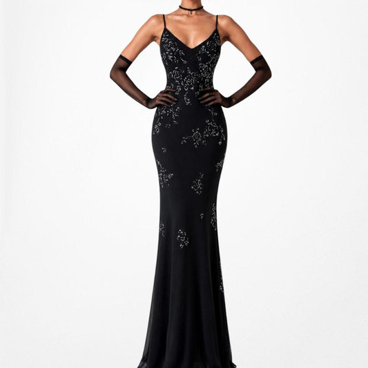 Vintage Black Floral Beaded Maxi Bodycon Formal Prom Dress Size XS/S