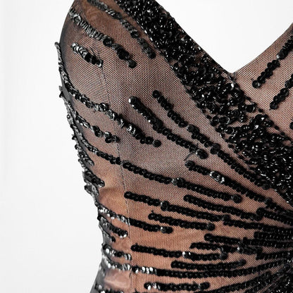 Vintage Y2K Brown Black Beaded Bodycon Fishtail Mesh Maxi Prom Dress Size XS/S