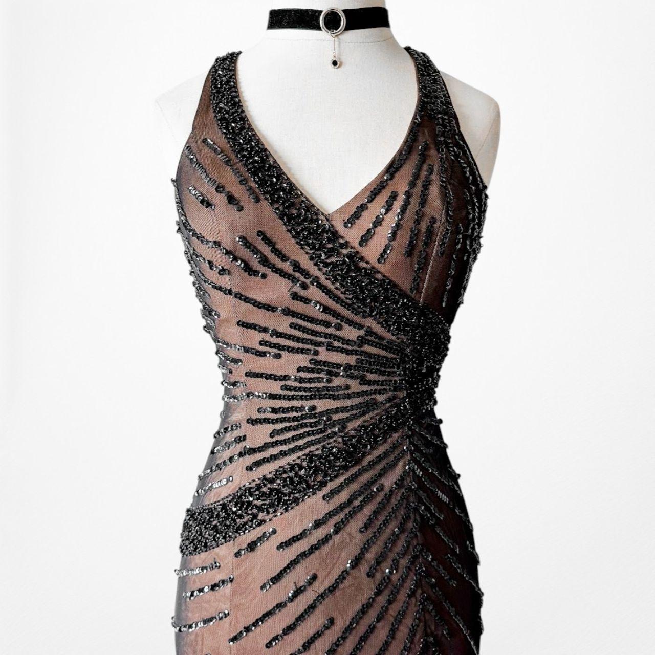 Vintage Y2K Brown Black Beaded Bodycon Fishtail Mesh Maxi Prom Dress Size XS/S