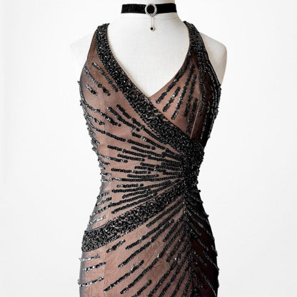 Vintage Y2K Brown Black Beaded Bodycon Fishtail Mesh Maxi Prom Dress Size XS/S