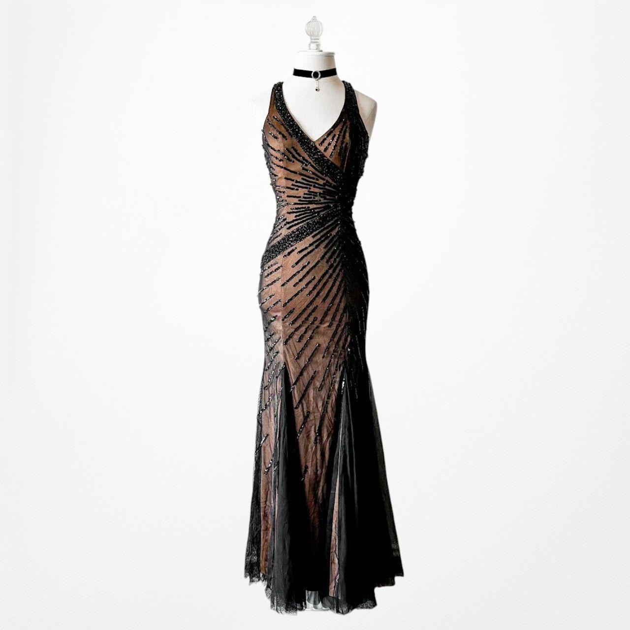 Vintage Y2K Brown Black Beaded Bodycon Fishtail Mesh Maxi Prom Dress Size XS/S
