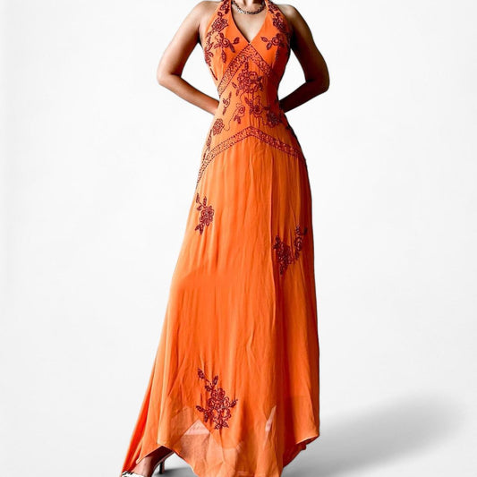 Vintage Orange Halter Floral Beaded Fit Flared Midi Formal Cocktail Prom Dress Size S/M