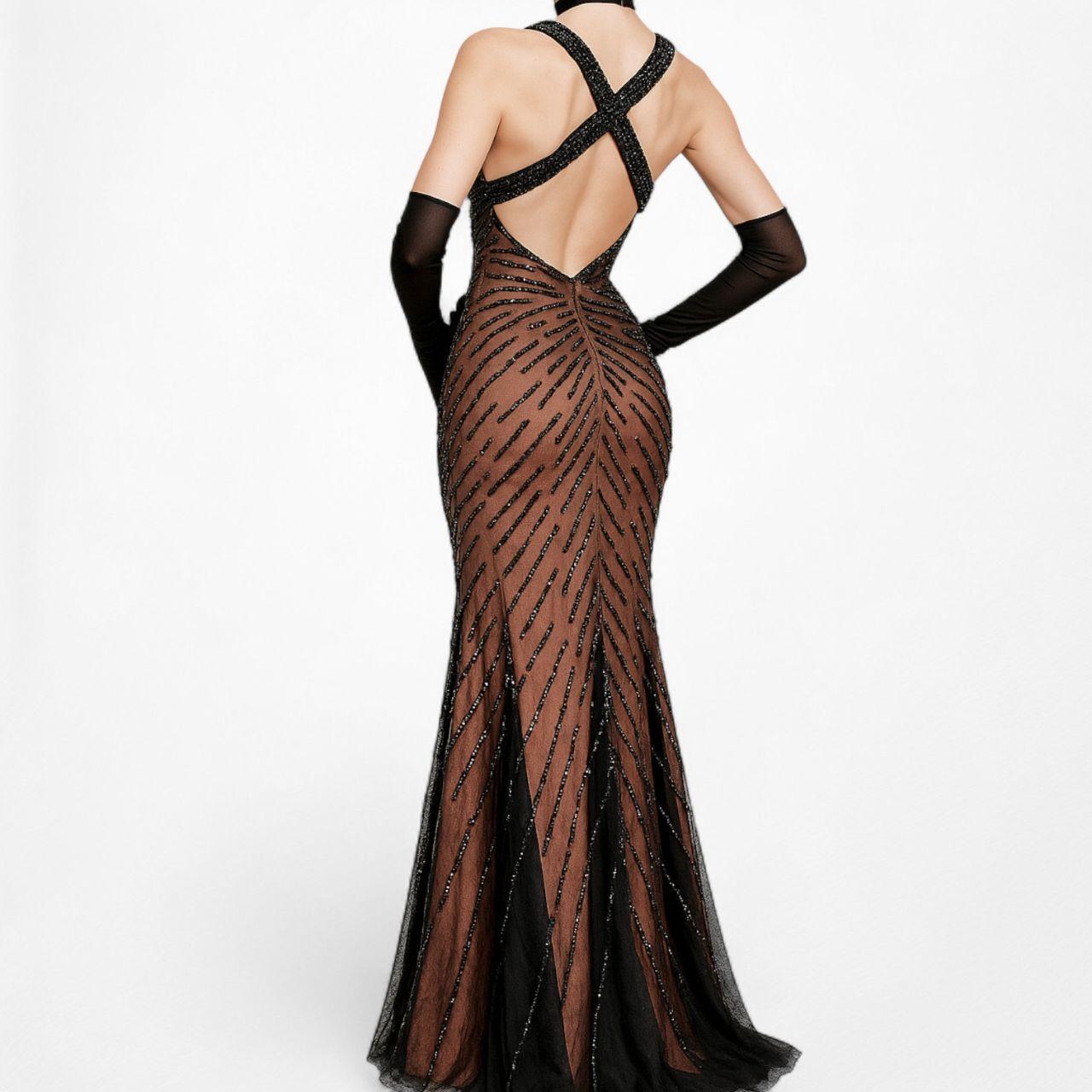 Vintage Y2K Brown Black Beaded Bodycon Fishtail Mesh Maxi Prom Dress Size XS/S