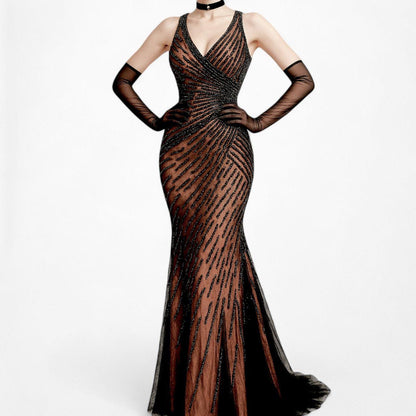 Vintage Y2K Brown Black Beaded Bodycon Fishtail Mesh Maxi Prom Dress Size XS/S