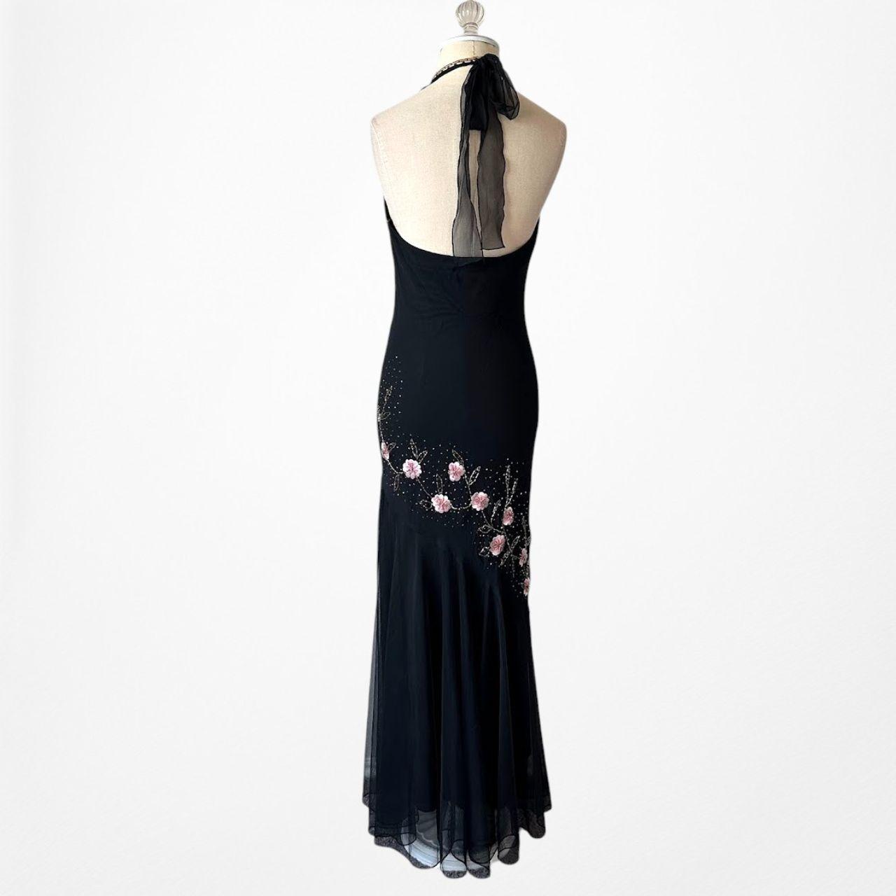 Black Pink Floral Beaded Silk Mesh Fit Flared Slip On Cocktail Formal Dress Size M/L
