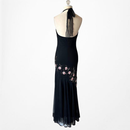 Black Pink Floral Beaded Silk Mesh Fit Flared Slip On Cocktail Formal Dress Size M/L