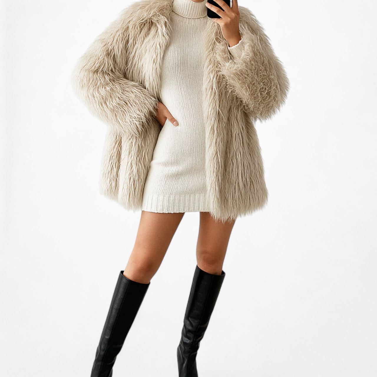 H&M Off White Beige Faux Fur Oversized Teddy Style Coat Jacket Size M