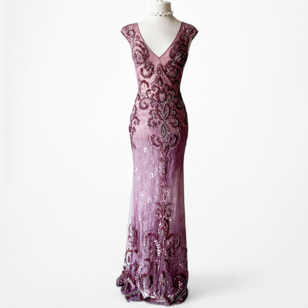 Vintage Y2K Purple Plum Bodycon Beaded Semi Sheer Maxi Prom Dress Size S