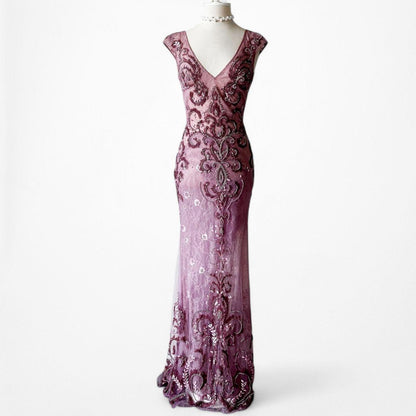 Vintage Y2K Purple Plum Bodycon Beaded Semi Sheer Maxi Prom Dress Size S