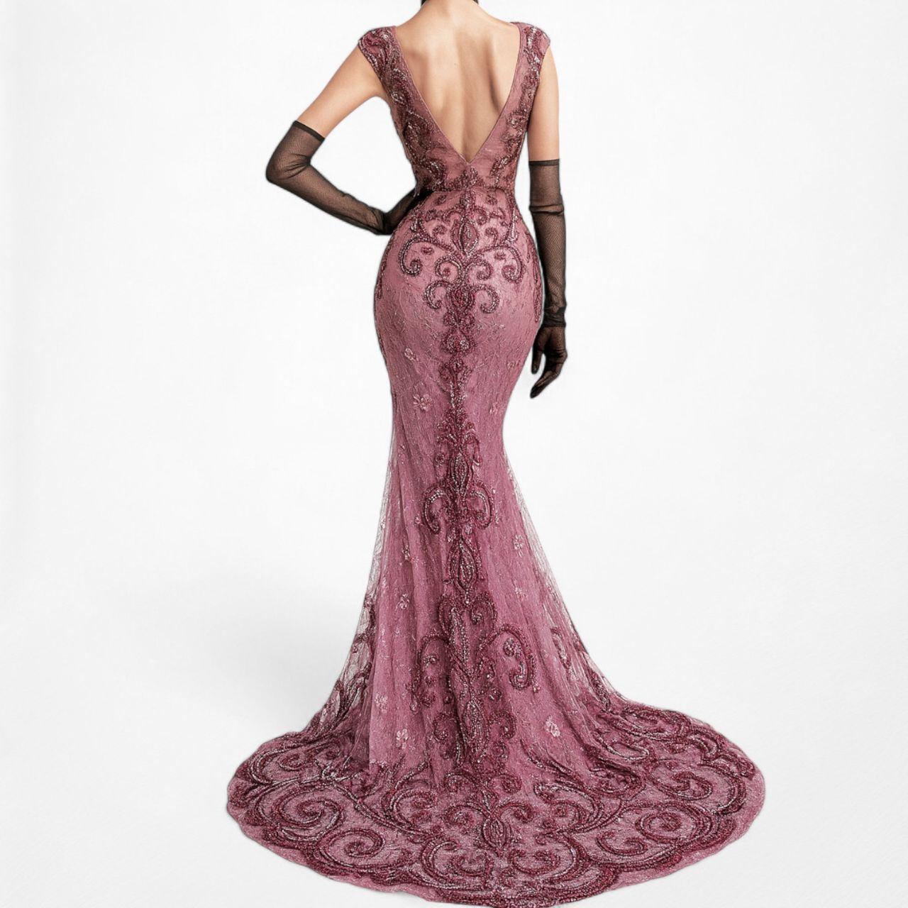 Vintage Y2K Purple Plum Bodycon Beaded Semi Sheer Maxi Prom Dress Size S