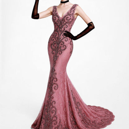 Vintage Y2K Purple Plum Bodycon Beaded Semi Sheer Maxi Prom Dress Size S