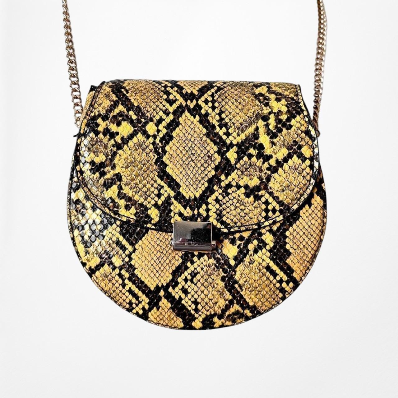 Mango Black Yellow Animal Snake Print Saddle Style Gold Hardware Crossbody Bag