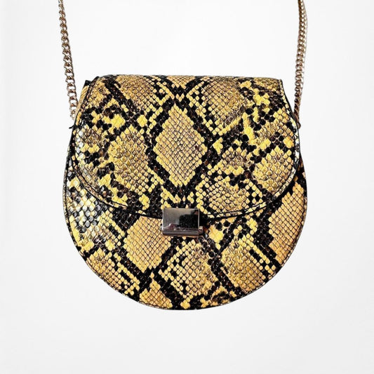 Mango Black Yellow Animal Snake Print Saddle Style Gold Hardware Crossbody Bag