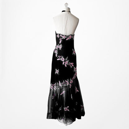 Vintage Black Strapless Floral Beaded Sheer Tulle Maxi Bodycon Prom Dress M