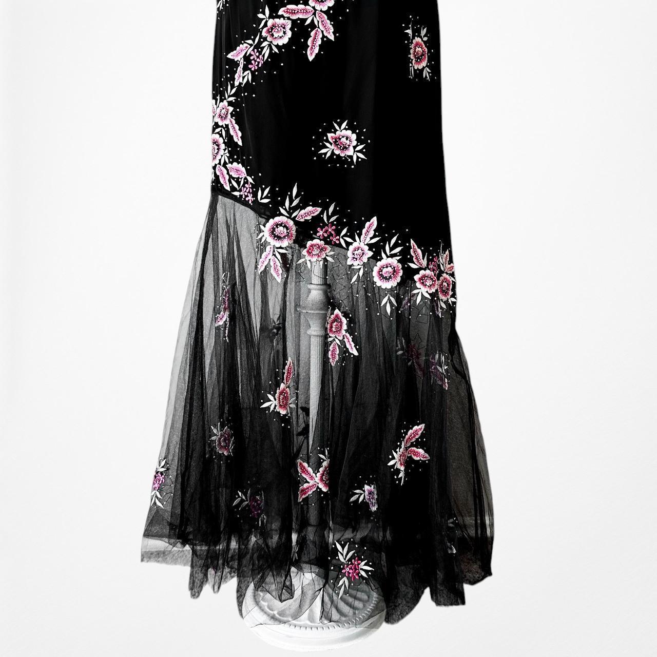 Vintage Black Strapless Floral Beaded Sheer Tulle Maxi Bodycon Prom Dress M