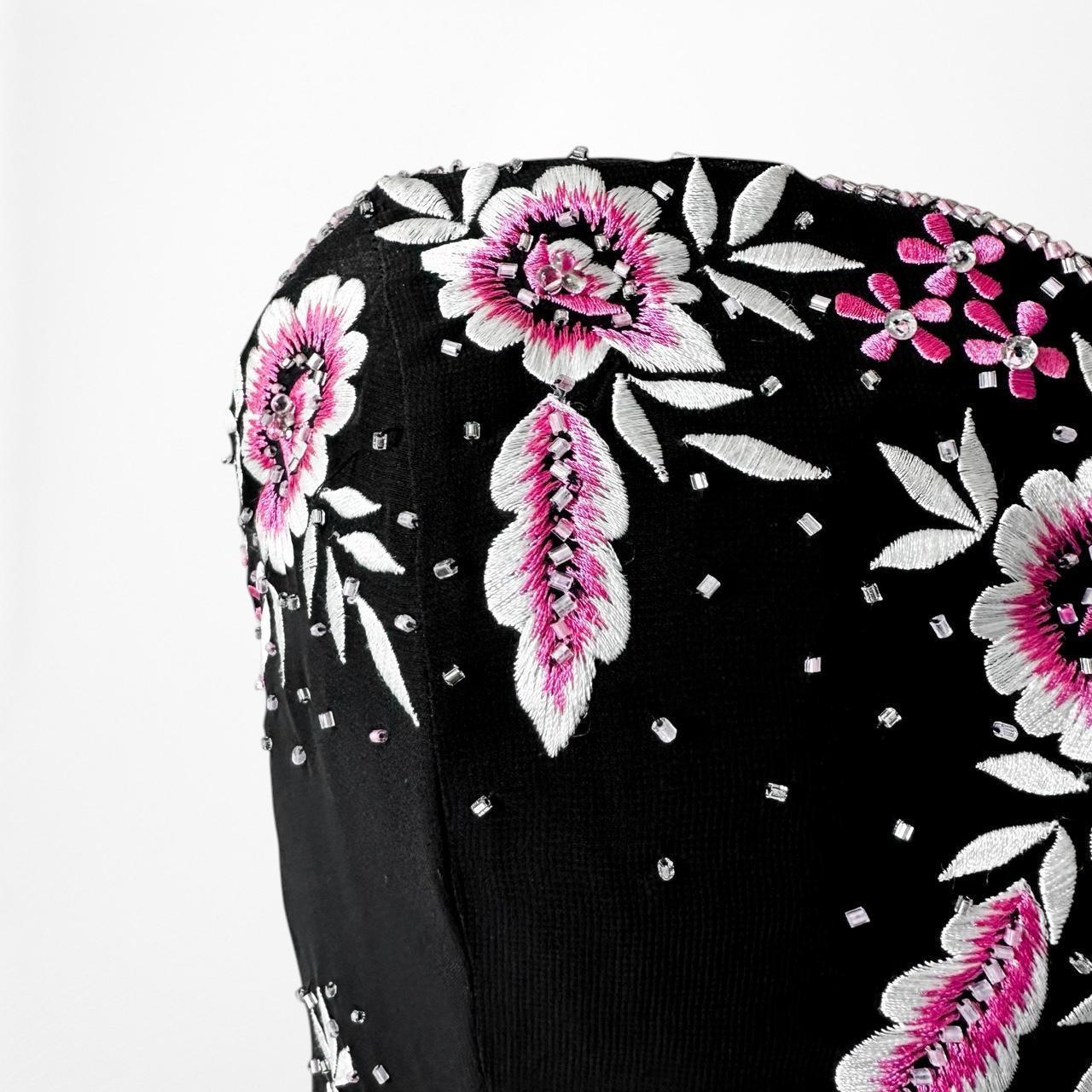Vintage Black Strapless Floral Beaded Sheer Tulle Maxi Bodycon Prom Dress M