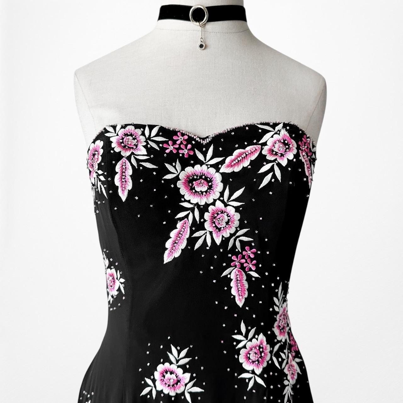 Vintage Black Strapless Floral Beaded Sheer Tulle Maxi Bodycon Prom Dress M