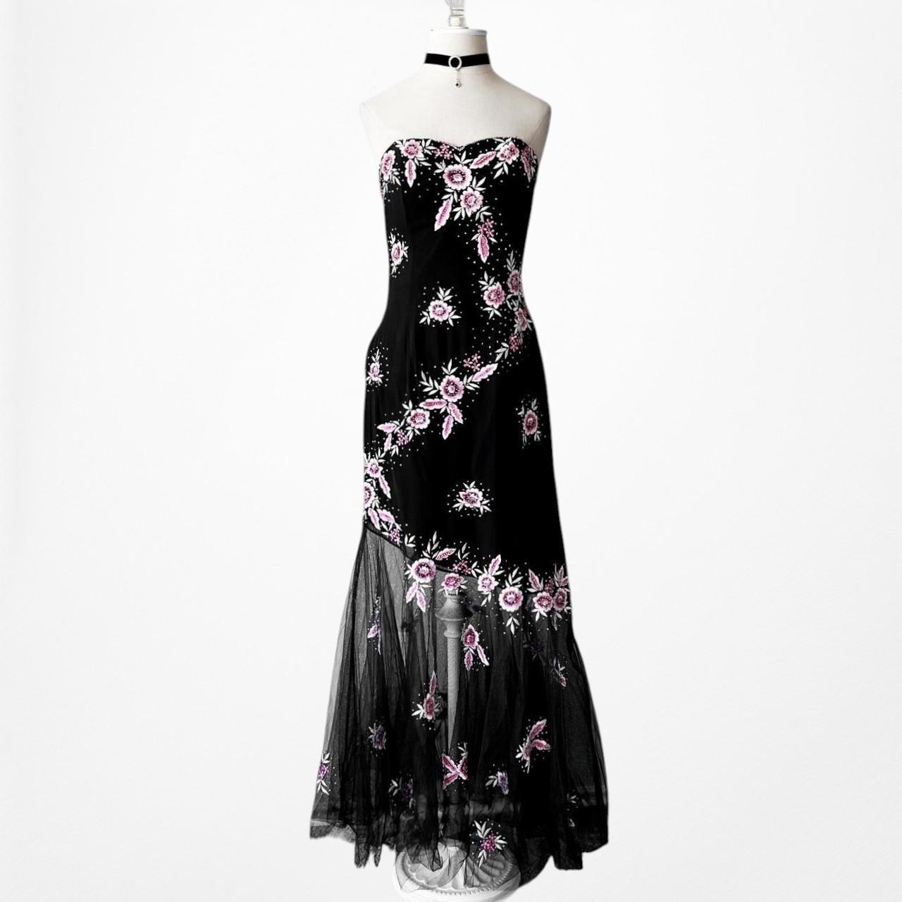 Vintage Black Strapless Floral Beaded Sheer Tulle Maxi Bodycon Prom Dress M