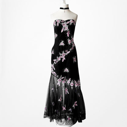 Vintage Black Strapless Floral Beaded Sheer Tulle Maxi Bodycon Prom Dress M