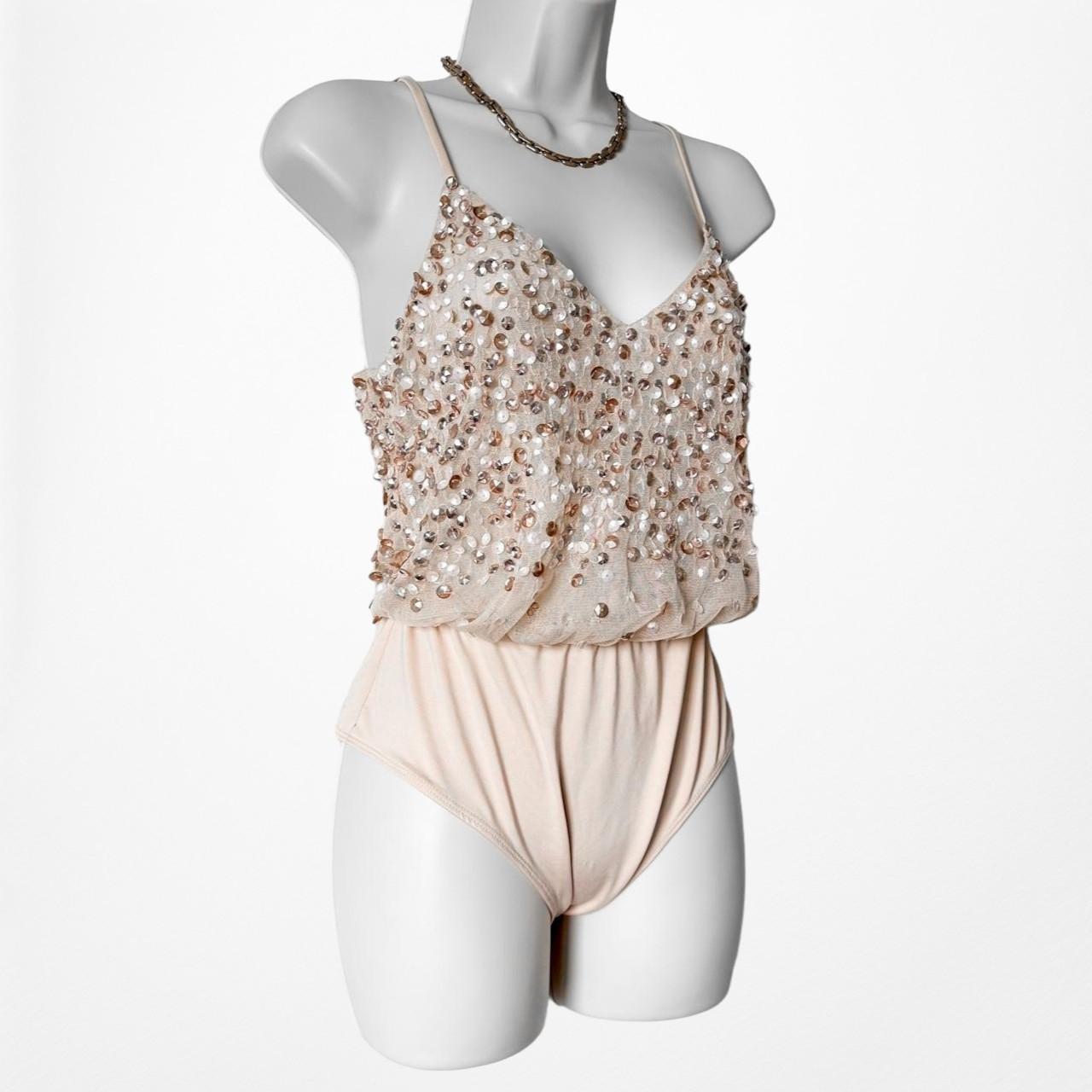 ASOS Beige Beaded Sequin Cami Bodysuit Top Size XS/S