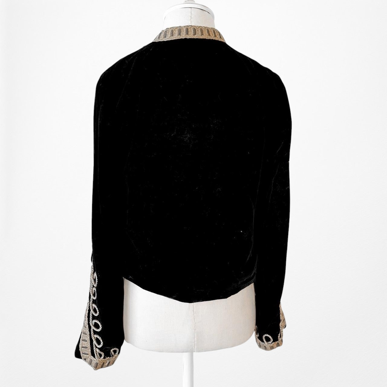 Zara Black Velvet Gold Embroidered Military Style Cropped Blazer Jacket Size XS