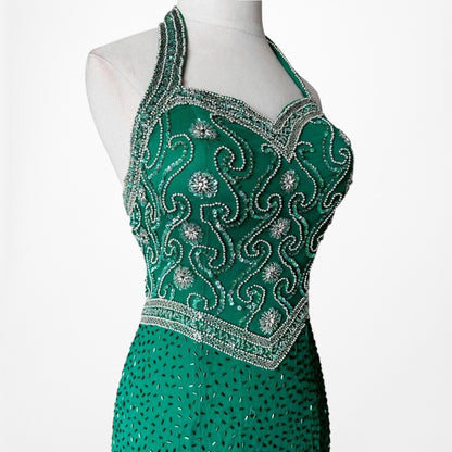 Vintage Green Beaded Halter Neck Bodycon Maxi Prom Dress Size XS/S