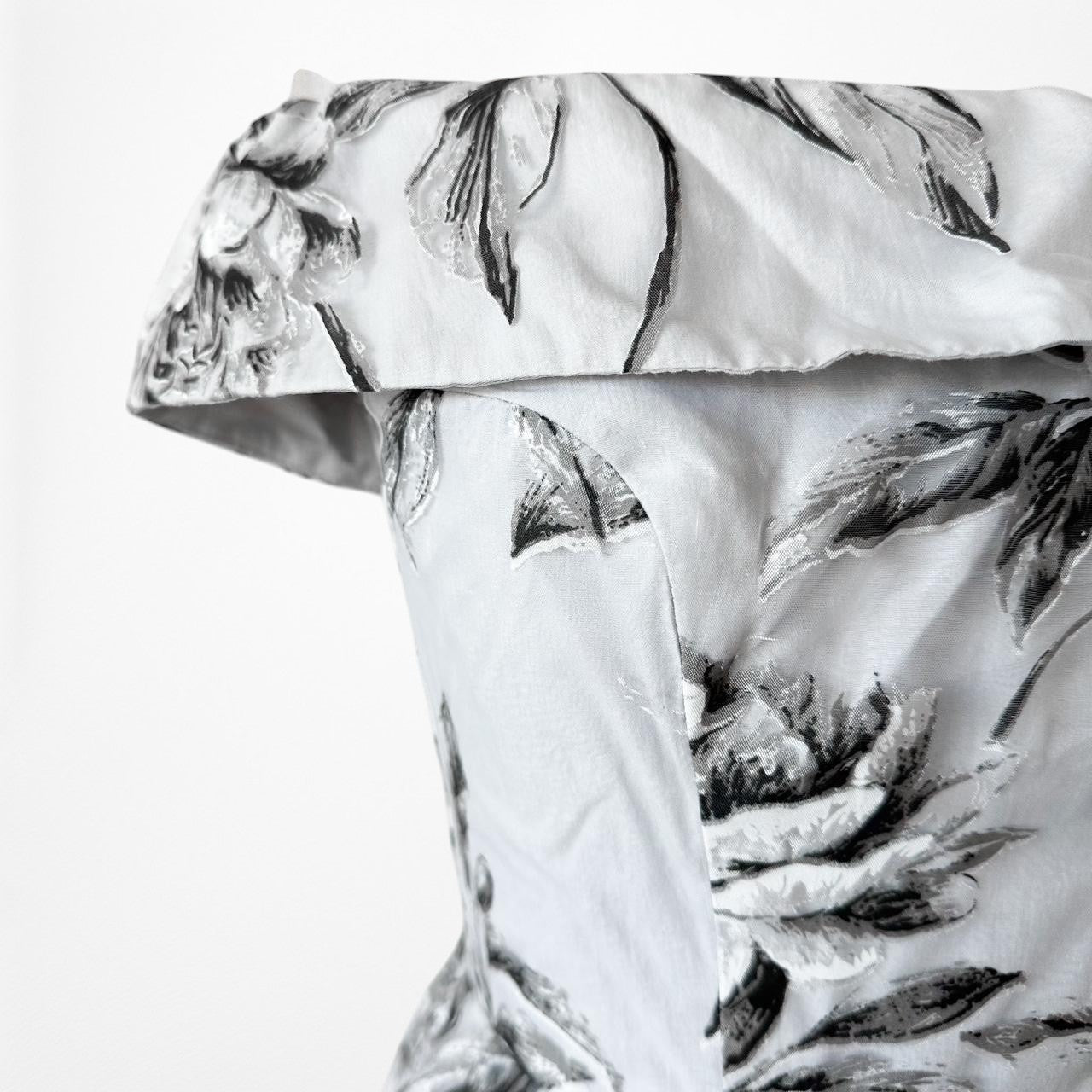 Blue Gray Floral Sheer Organza Off The Shoulder Flared Knee Length Dress Size XS