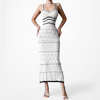 Black White Crochet Knit Bodycon Striped Midi Dress Size S