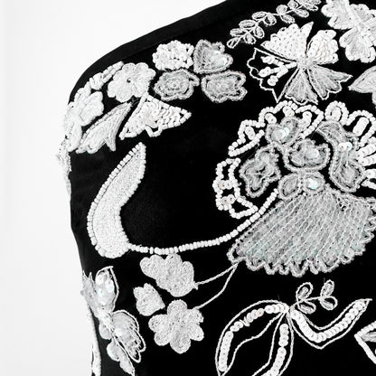 Black White Silk Floral Beaded Ruffle Fit Flared Maxi Prom Dress Size S