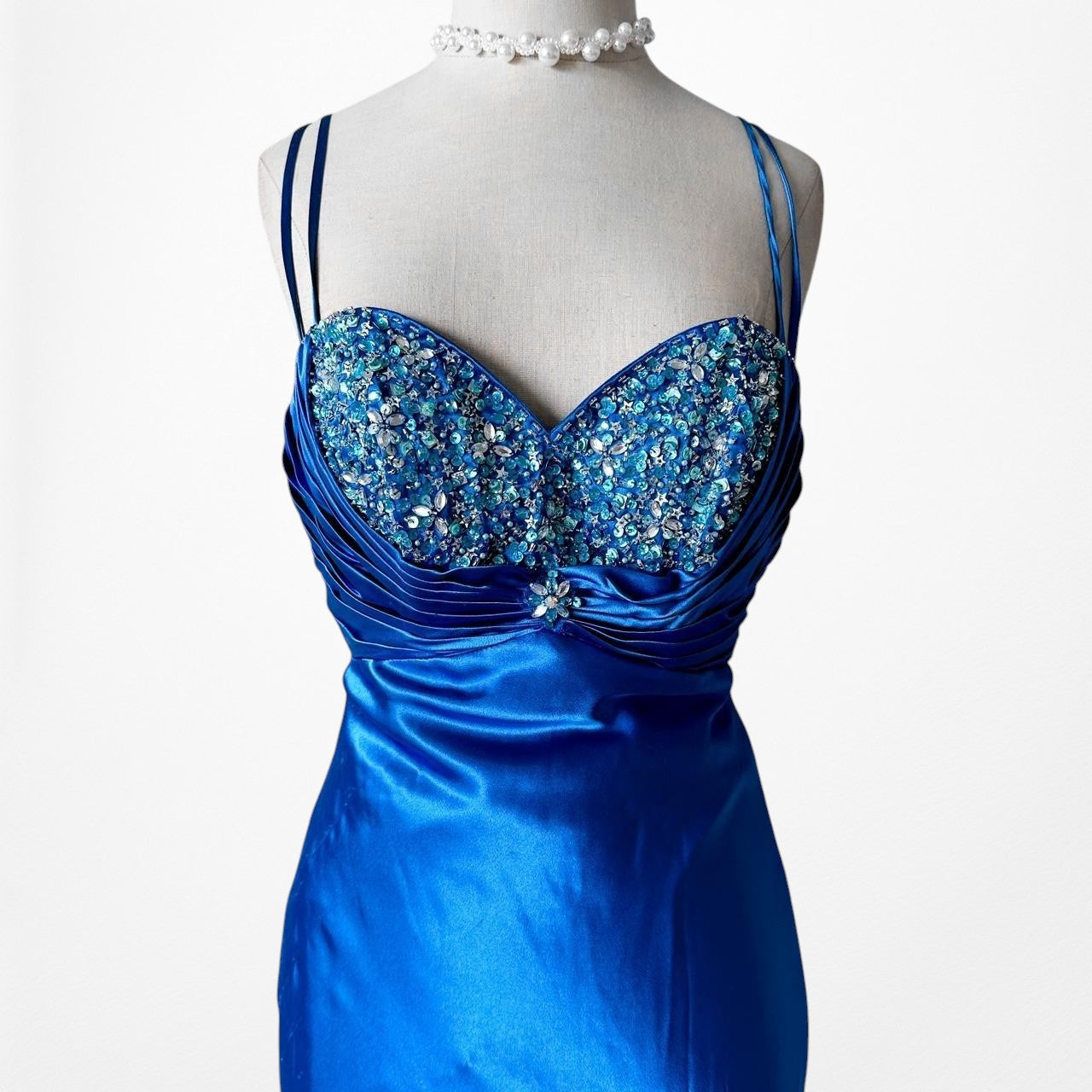 Vintage Blue Satin Fit Flared Beaded Maxi Prom Dress Size S/M