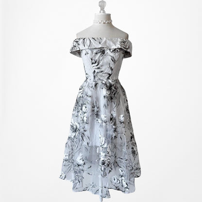 Blue Gray Floral Sheer Organza Off The Shoulder Flared Knee Length Dress Size XS