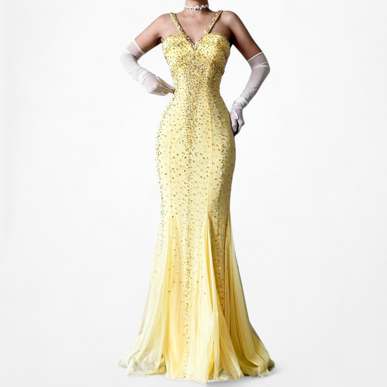 Vintage Yellow Beaded Mesh Bodycon Maxi Prom Dress Size XS/S