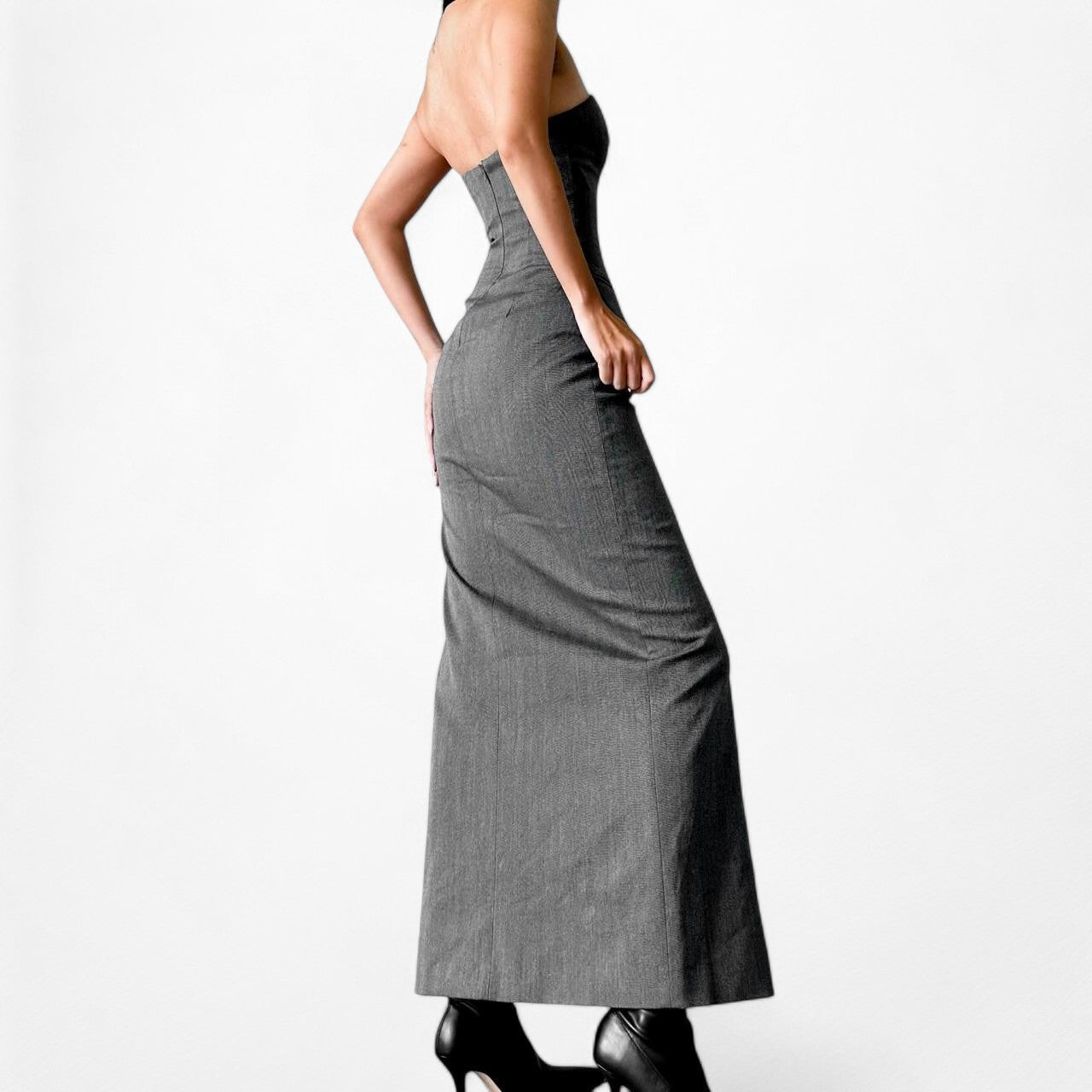 Nakd Fashion Gray Strapless Tailored Button Front Bodycon Maxi Dress Size S/M