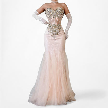 Vintage Pastel Pink Strapless Rhinestone Beaded Maxi Prom Dress Size XS