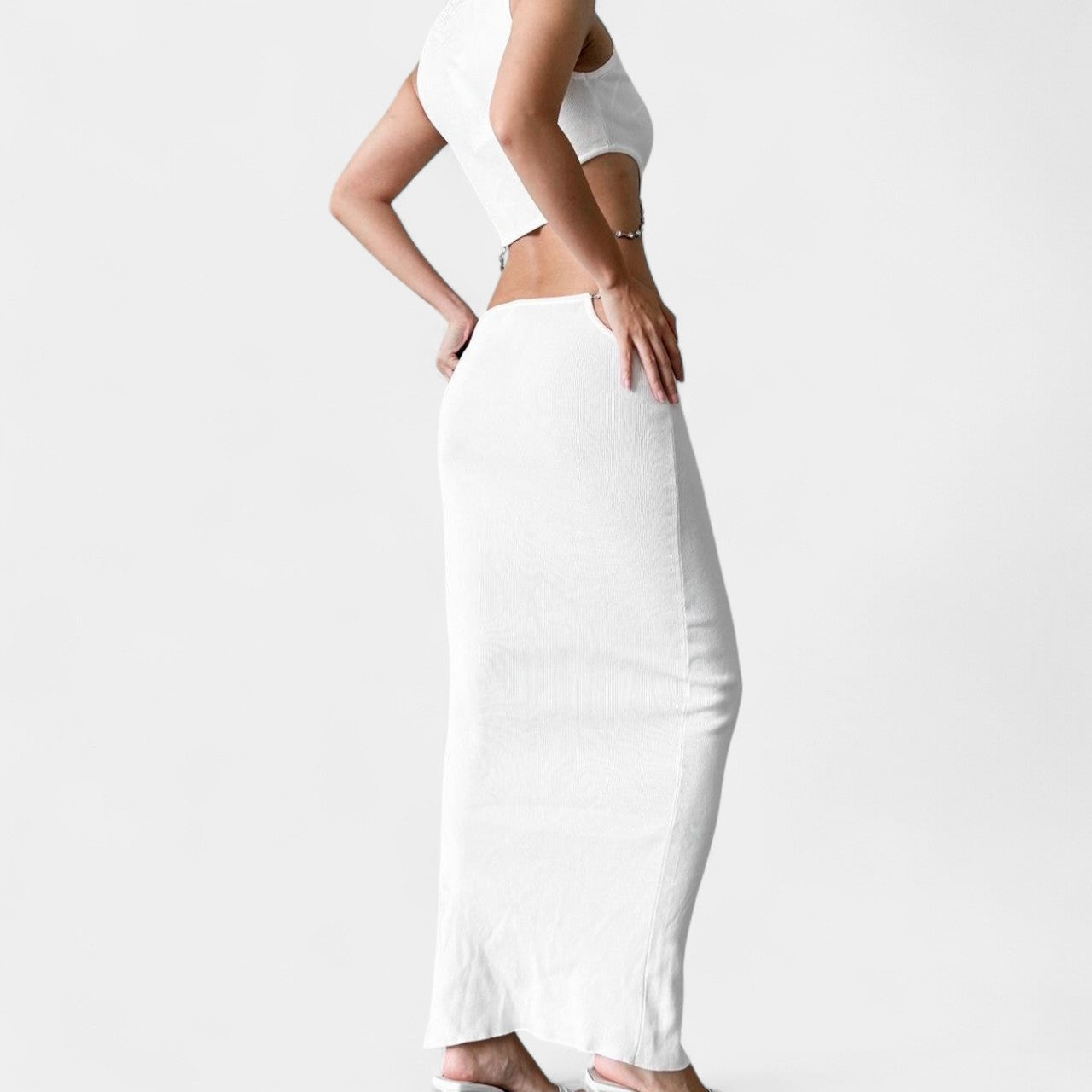 Zara White Knit Rhinestone Crop Top Maxi Pencil Side Slit Skirt Two Piece Set